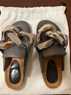 JW ANDERSON Grey Leather Slide Mules with Oversized Metallic Chain